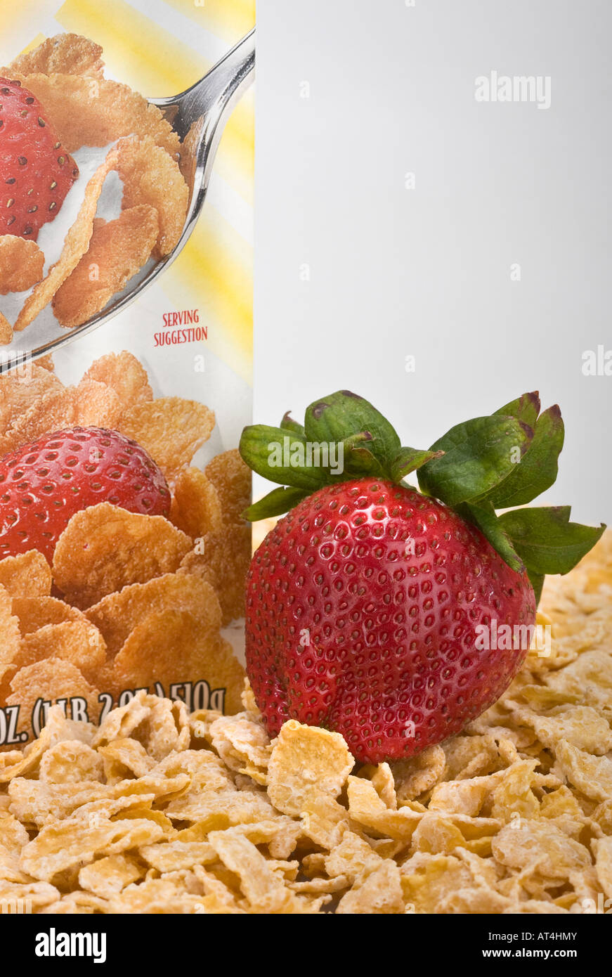 Closeup of breakfast cereals Strawberry fruit and cereal box from