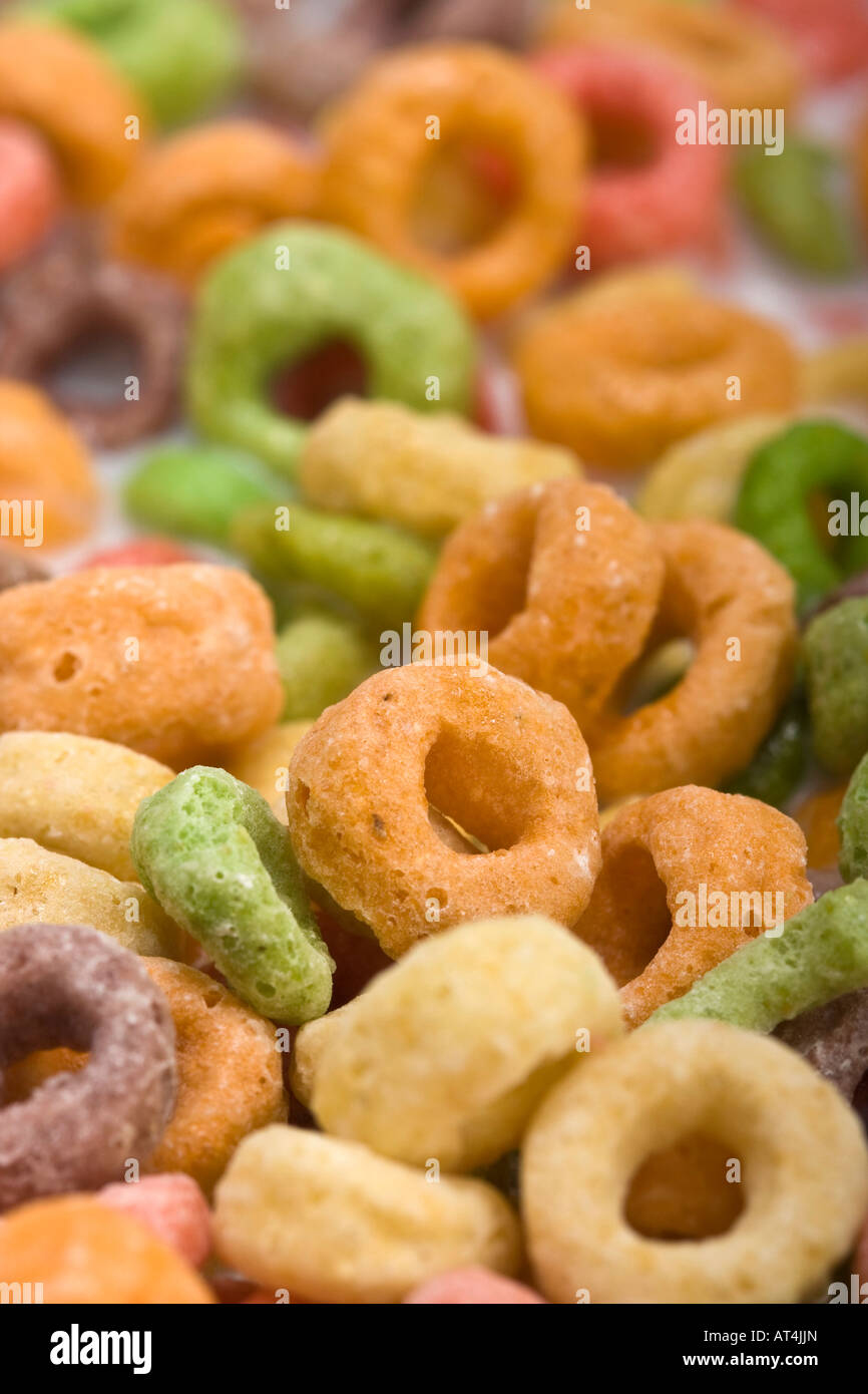 Display of colorful Cheerios round cereals macro closeup still life