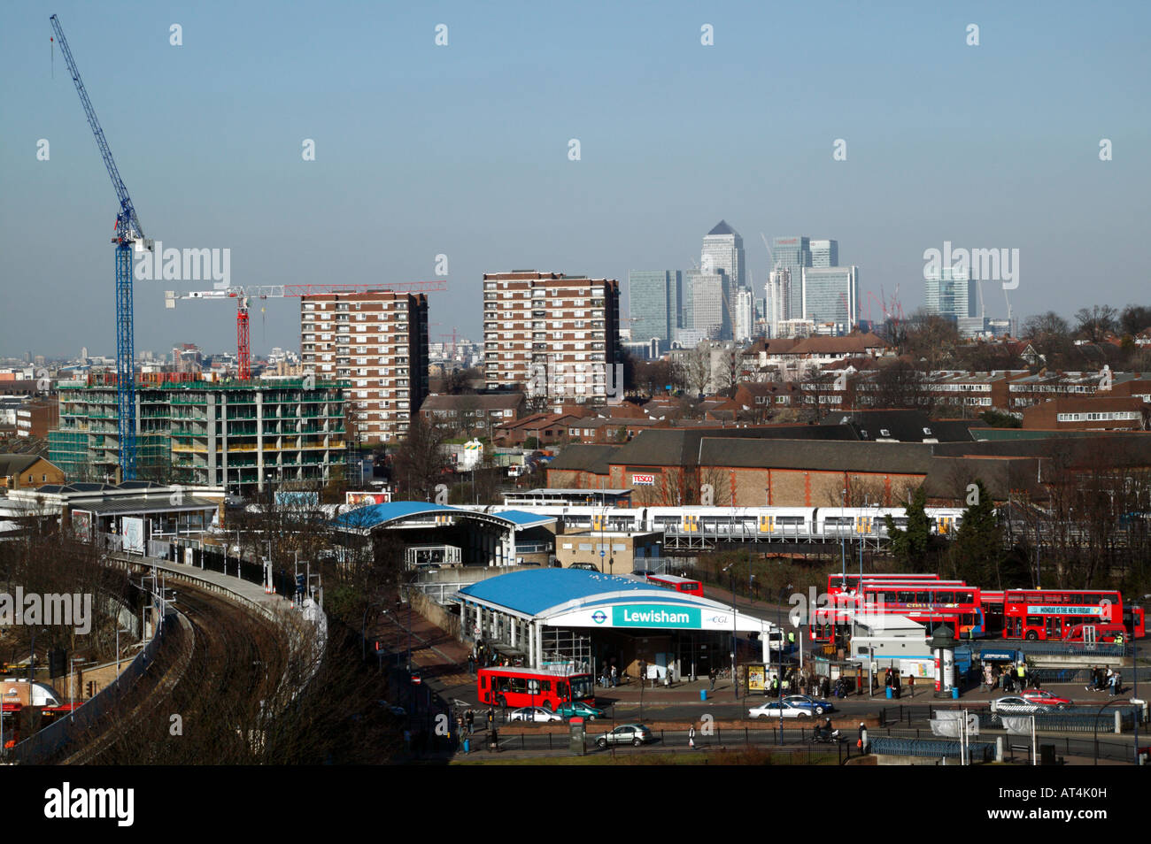 Lewisham Station with the Canary Wharf Business Area in the Background Stock Photo