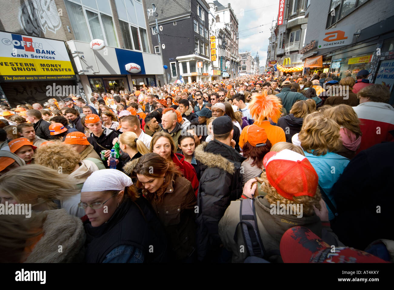 Amsterdam crowds getting stuck pedestrian congestion in the Leidsestraat street on the celebration of Kingsday Kings Day Stock Photo