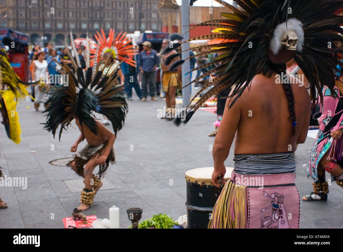 Aztec dancers dancing in the Zocalo in Mexico City, DF, Mexico. Stock Photo