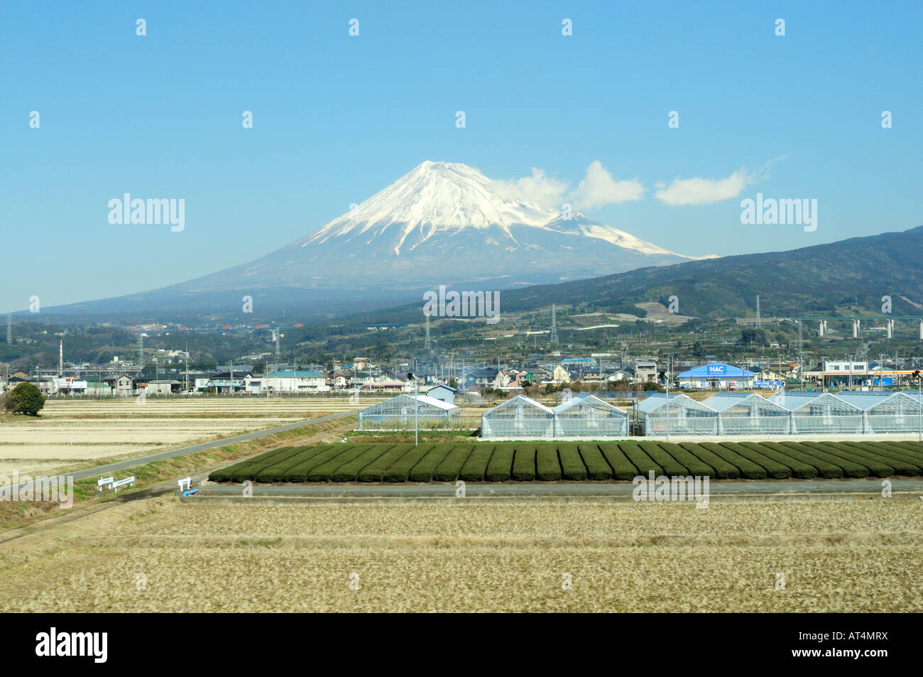 Mt. Fuji seen from Japanese Shinkansen train Stock Photo