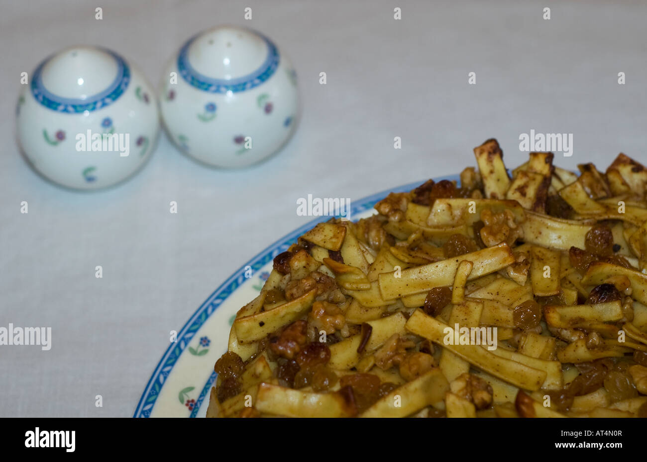 Cinnamon and raisin kugel egg noodle casserole traditional Jewish Eastern European dish Stock