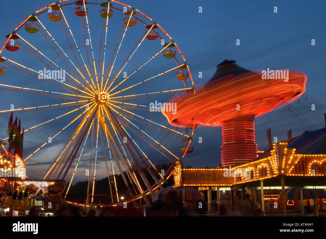Midway rides at night at the Erie County Fair and Expo in Hamburg New