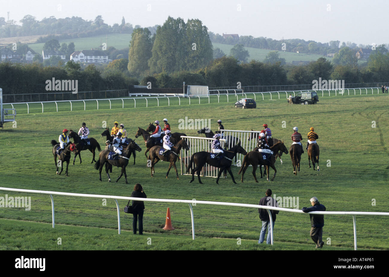 Stratford Races Horses circling hurdle before start of hurdles race at Stratford Races ...