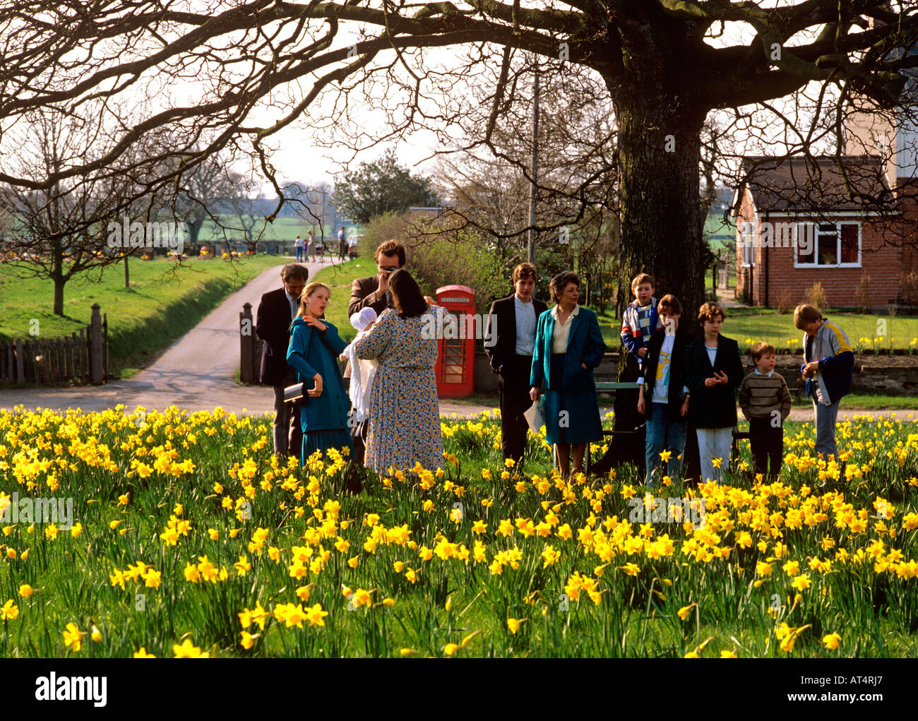 UK Cheshire Astbury village green springtime visitors on the Stock Photo