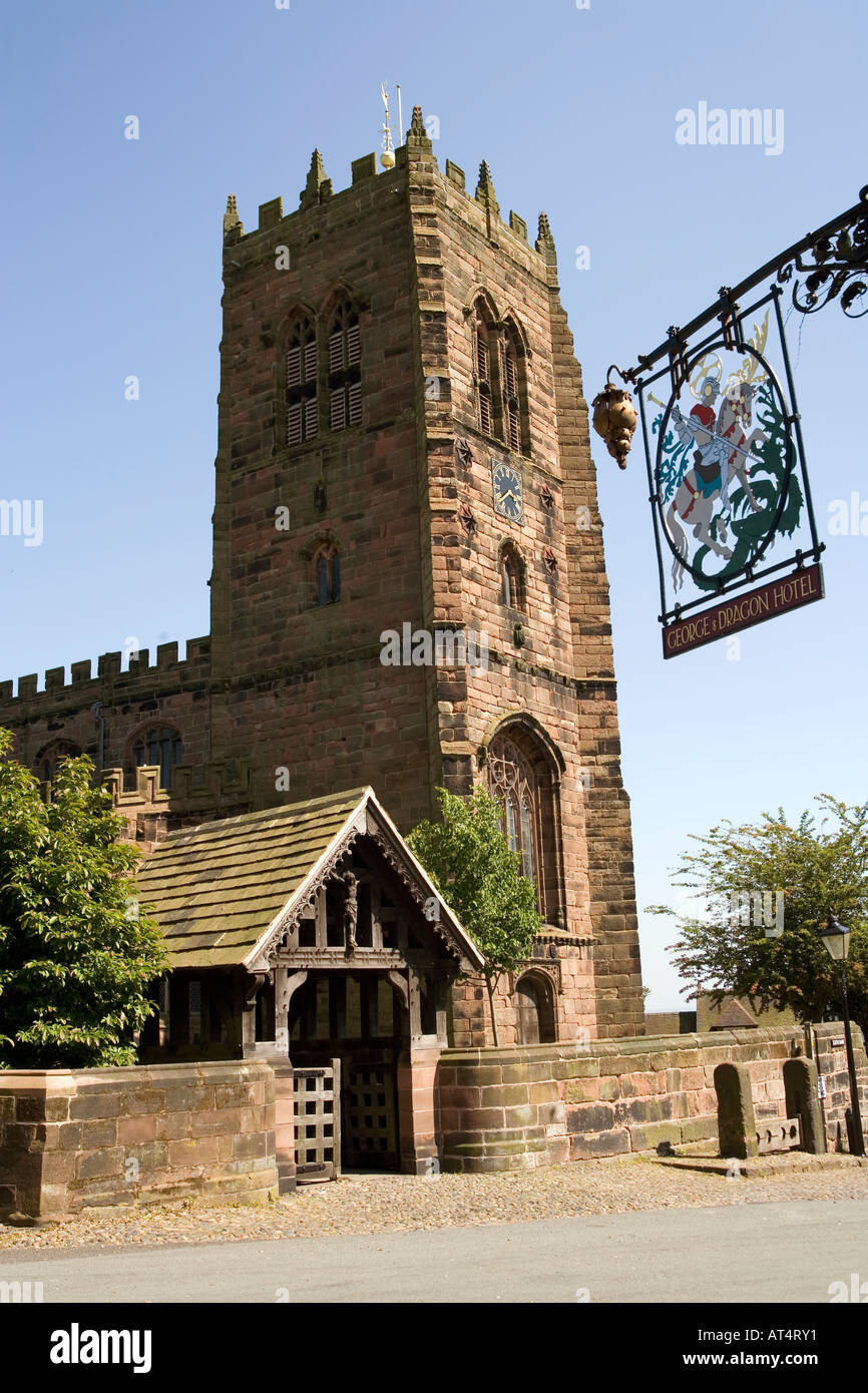 Cheshire Arley Great Budworth George Dragon Pub sign and St Marys Parish church Stock Photo