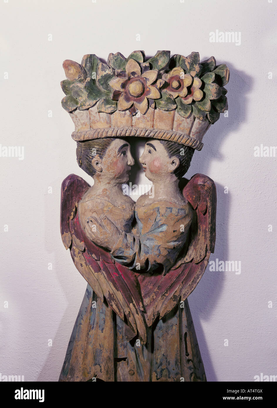 fine arts, sculpture, 'Pair of Angels under a Flower Basket', Sweden, second half of the 18th century, wood, hand-carved, painted, Historical Museum, Stockholm, Artist's Copyright has not to be cleared Stock Photo