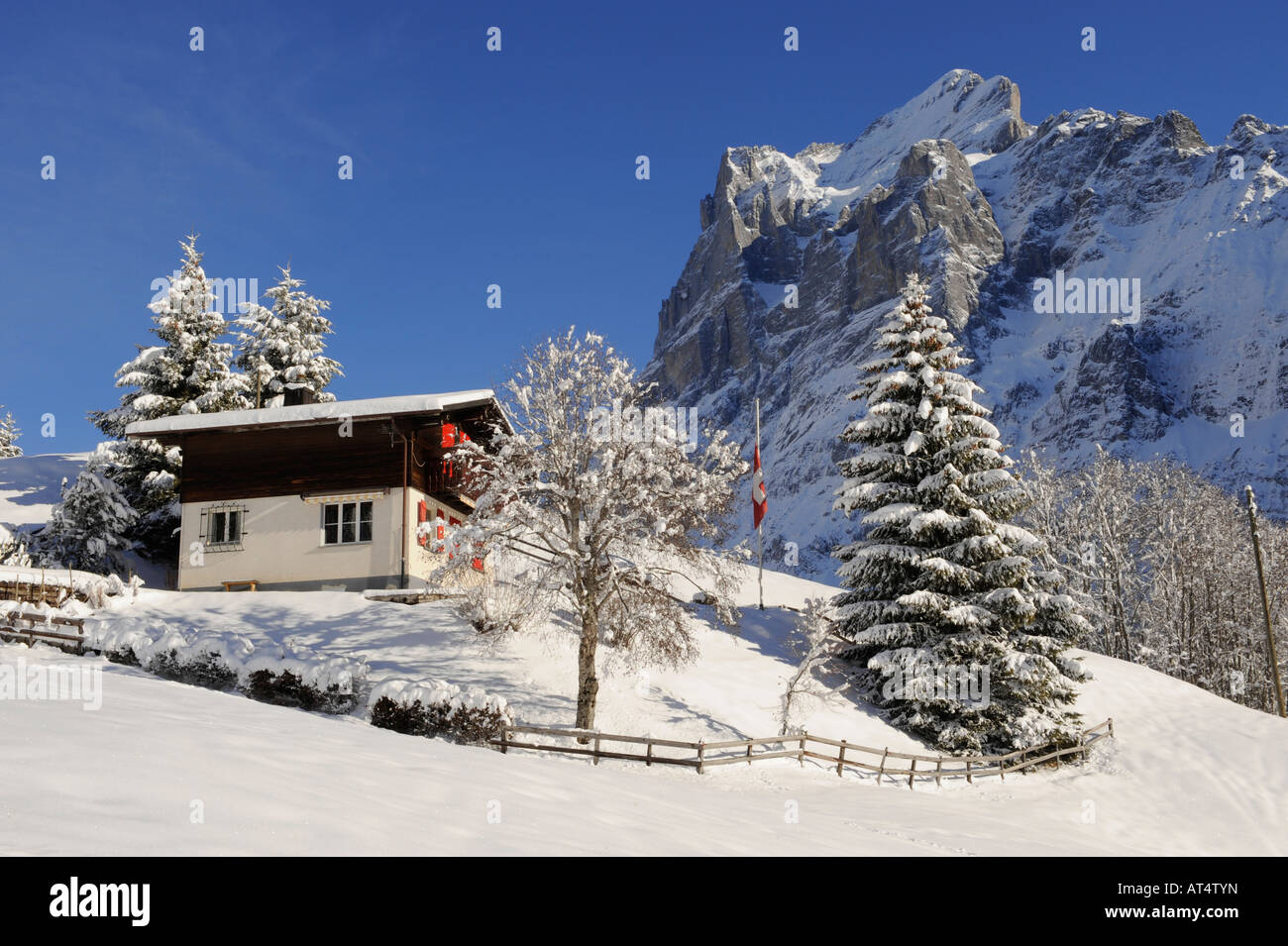 Alpine chalet with the Wetterhorn mountain behind Stock Photo