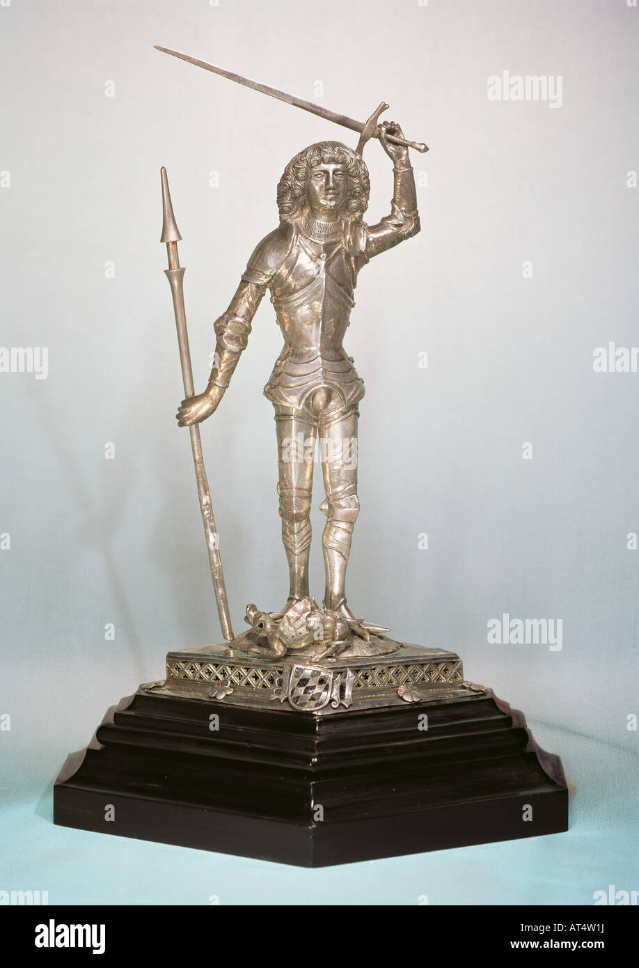 fine arts, sculpture, Saint George, silver, chased, wooden pedestal, Southern Germany, circa 1470, Bavarian National Museum, Munich, Artist's Copyright has not to be cleared Stock Photo