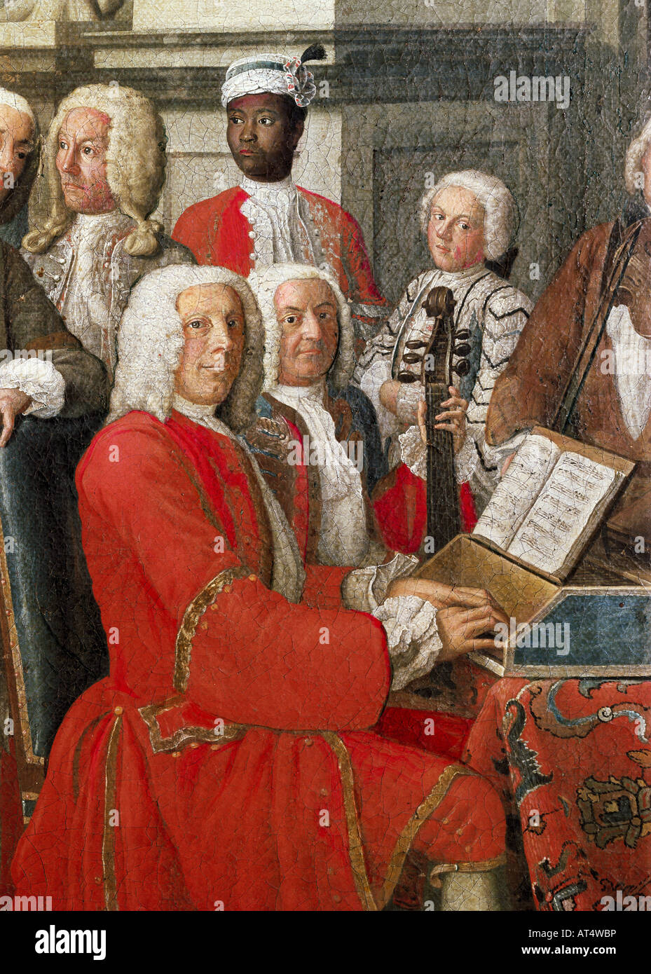 fine arts, Horemans, Peter Jakob (1700 - 1776), painting, 'Hofkonzert im Schloss Ismaning' (Court concert at castle Ismaning), oil on canvas, 240 cm x 205 cm, Munich, Germany, 1733, Detail, Bavarian National Museum, Munich, Artist's Copyright has not to be cleared Stock Photo