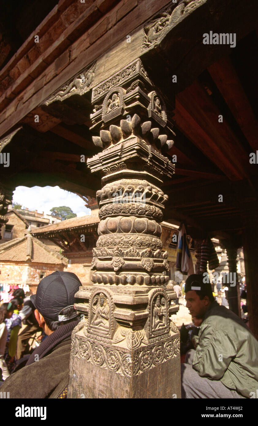 Nepal Patan Durbar Square Carved pillar of small pavilion Stock Photo