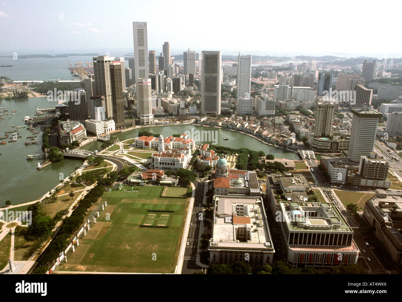 Singapore Elevated view of Singapores Business district and harbour before building of Nicoll Highway and Esplanade Bridge Stock Photo