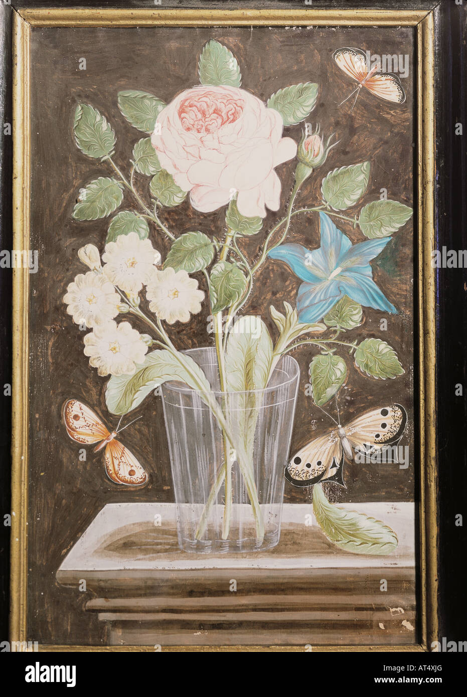 fine arts, painting, still-life, glass vase with roses and matthiolas, watercolour, 18th/19th century, Bavarian National Museum, Munich, , Artist's Copyright has not to be cleared Stock Photo