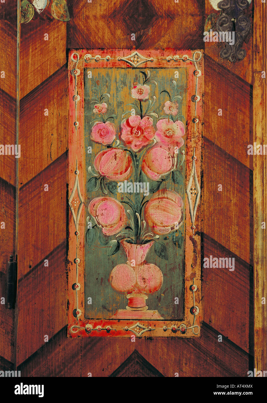 fine arts, painting, still-life, vase with flowers, door of a painted cabinet, detail, Osterhofen area, Lower Bavaria, 1823, private collection, , Artist's Copyright has not to be cleared Stock Photo
