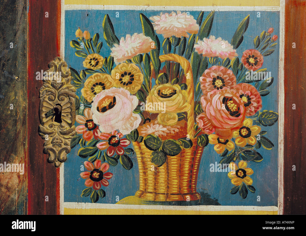 fine arts, painting, still-life, basket with flowers, painted cabinet, detail, Upper Austria, 1843,  Museum of European Cultures, Berlin, , Artist's Copyright has not to be cleared Stock Photo