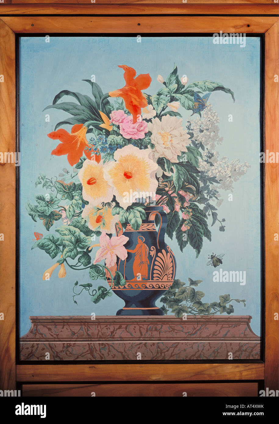 fine arts, painting, still-life, bouquet ogf flowers in a antique painted vase, colour print, folding-screen, Paris, um 1800 - 1810, Munich Stadtmuseum, , Artist's Copyright has not to be cleared Stock Photo