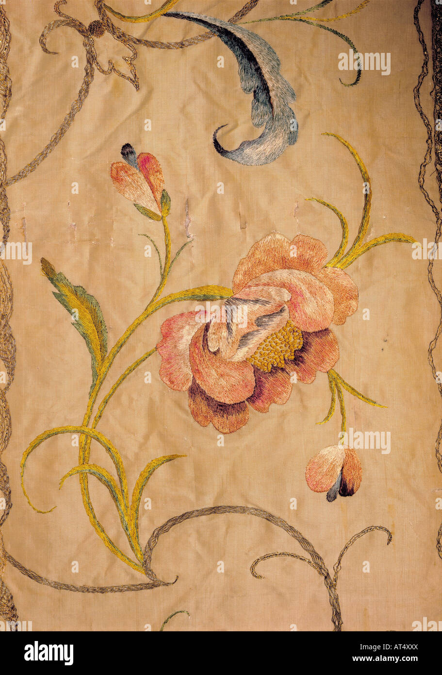fine arts, cloth, embroidery, pink blossom, detail of a chasuble,  France, 1780 - 1800, Lehmann collection, Esens, , Artist's Copyright has not to be cleared Stock Photo