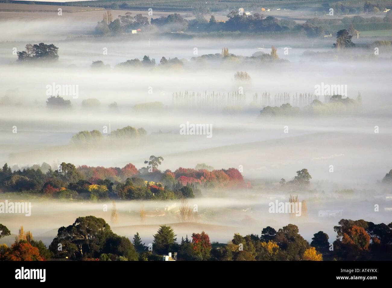 View from Te Mata Peak of Early Morning Mist over Havelock North Hawkes Bay North Island New Zealand Stock Photo