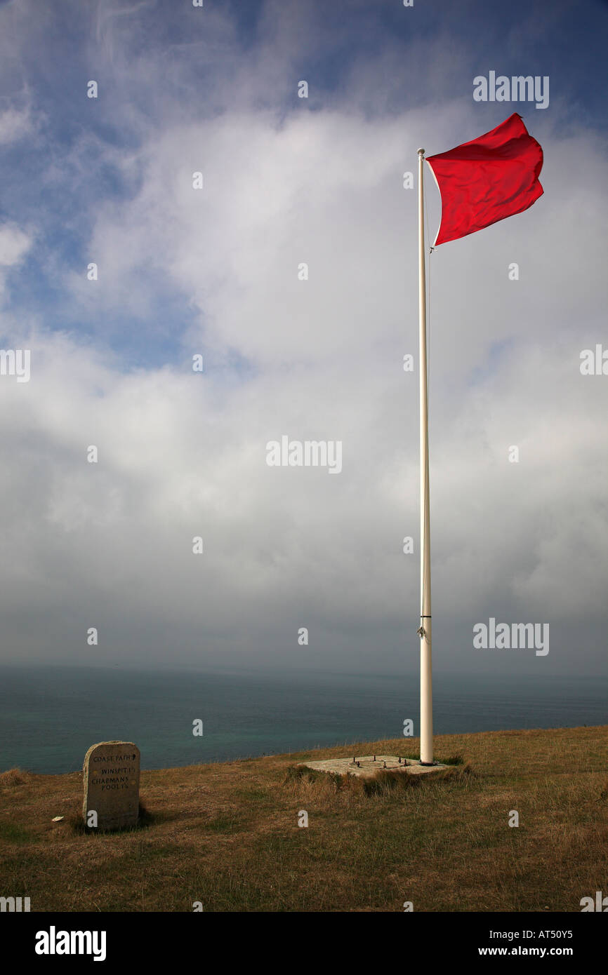 Red warning flag at the Coastguard station at St Aldhelm's Head Isle of Purbeck Dorset 2006 Stock Photo