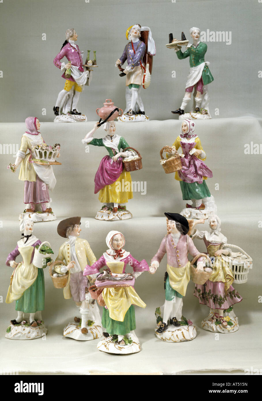 fine arts, porcelain, Meissen porcelain, coster figures, design probably by Peter Reinicke (1715 - 1768), Meissen, Germany, circa 1753 / 1755, private collection, Artist's Copyright has not to be cleared Stock Photo