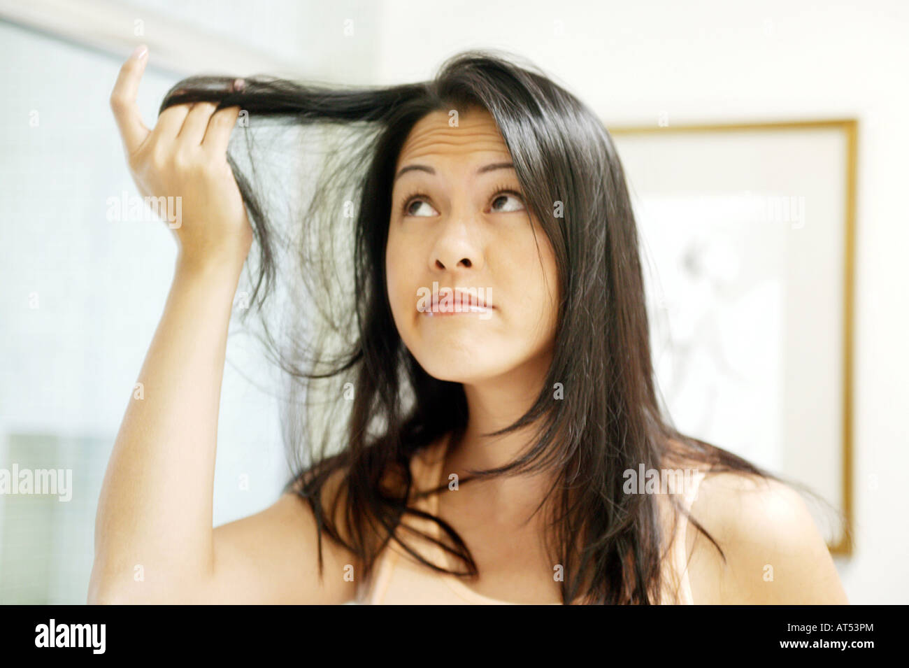 Woman Having a Bad Hair Day Stock Photo