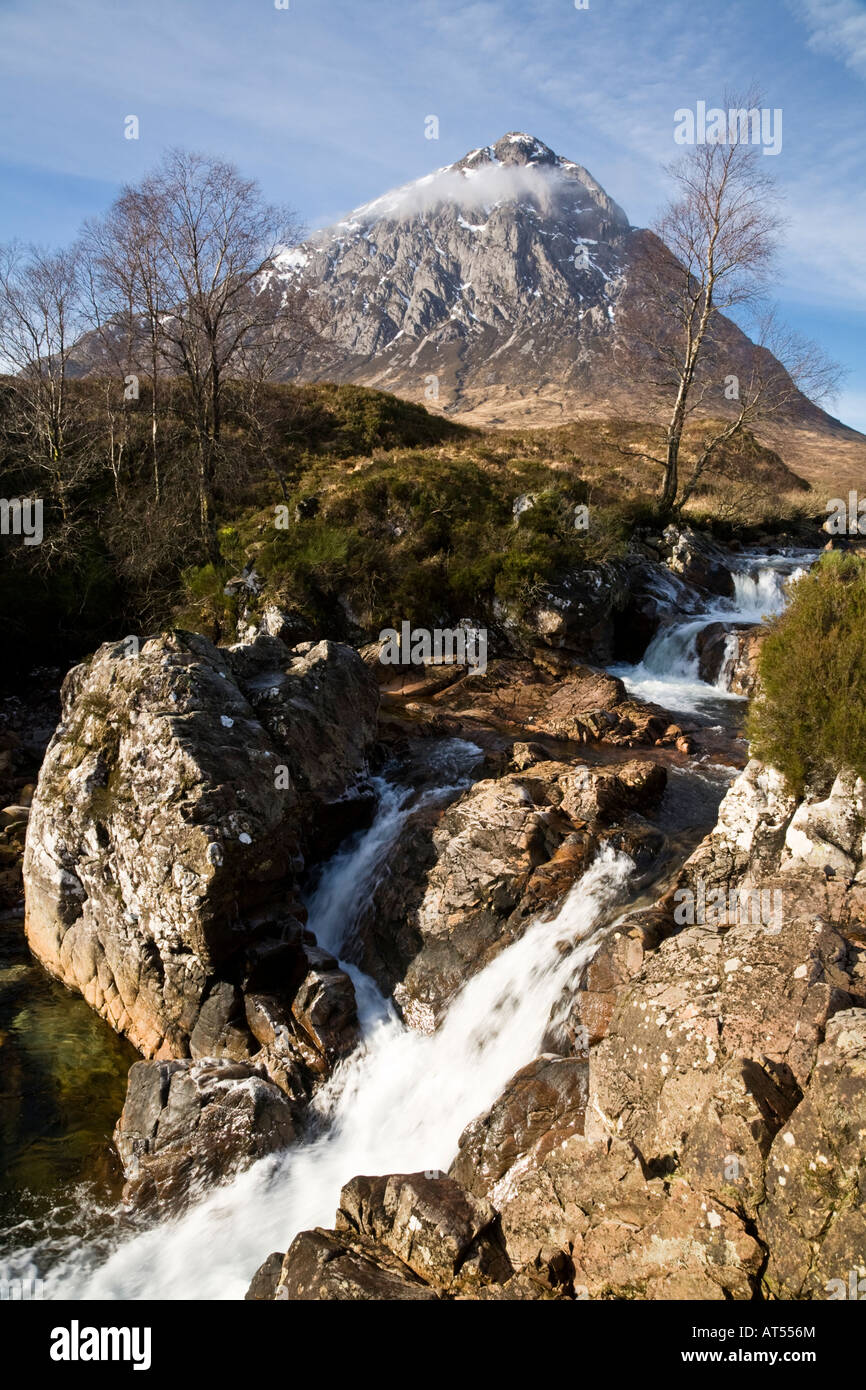 Buachaille Etive Mor and a waterfall on the River Coupall Highlands Scotland Stock Photo