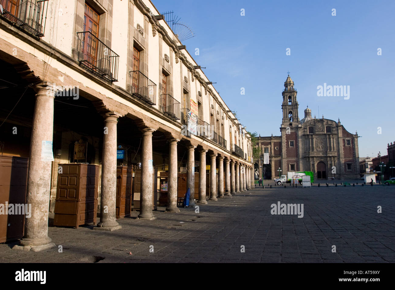 Plaza and church in Mexico City DF, Mexico, early in the morning. Stock Photo