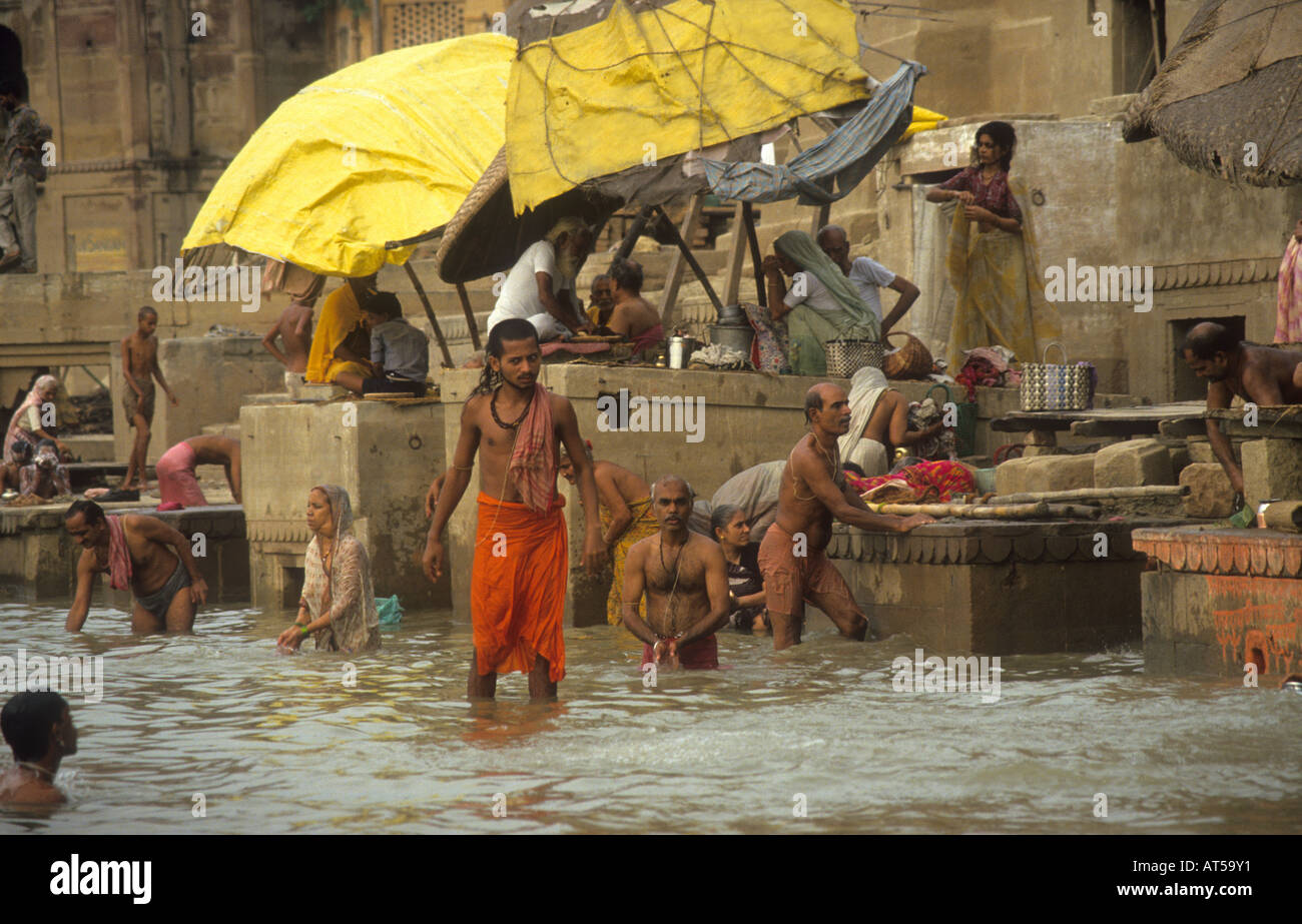 Bathing Ghats at Varanesi (Benares) on the holy river Ganges Stock ...
