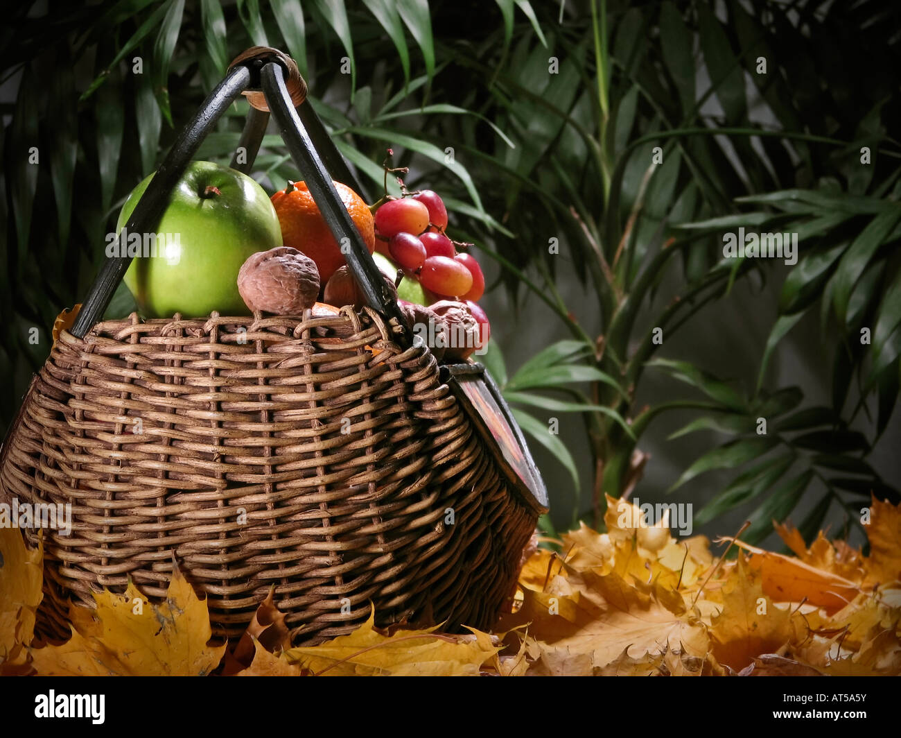 Close up of a wicker basket with fruits photo studio nobody none from front none nobody aestetic horizontal blurred blurry background hi-res Stock Photo