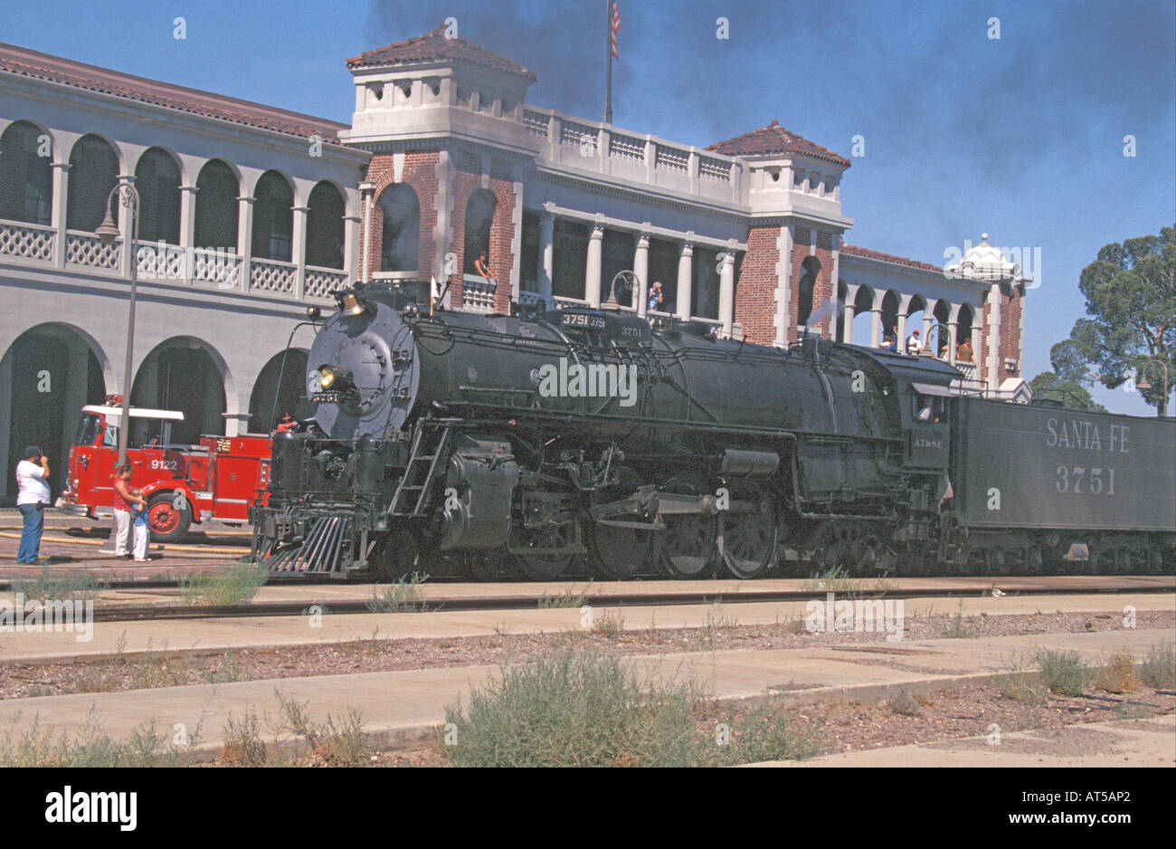 Steam engine type Challenger 4 8 4 number 3751 stopped at Barstow station en-route to Los Angeles hauling an election special Stock Photo