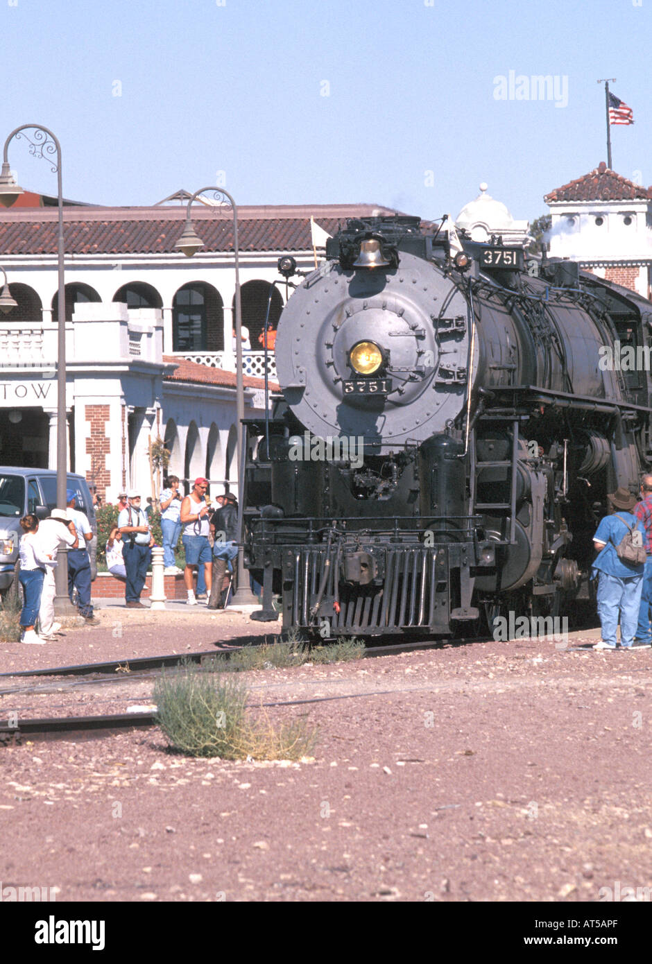 Steam engine type Challenger 4 8 4 number 3751 stopped at Barstow station en-route to Los Angeles hauling an election special Stock Photo