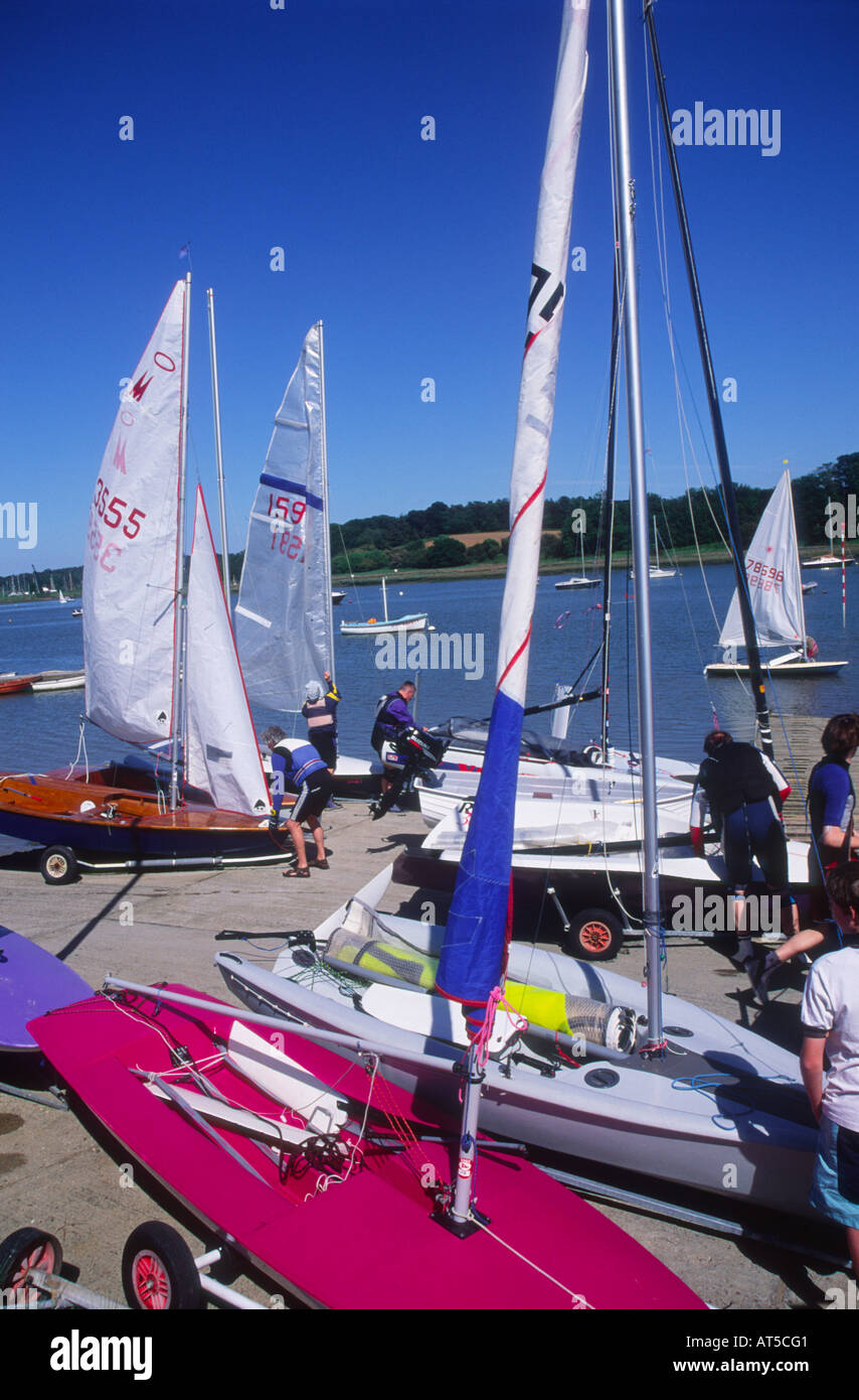 Sails of sailing dinghy boats River Deben Woodbridge Suffolk Stock