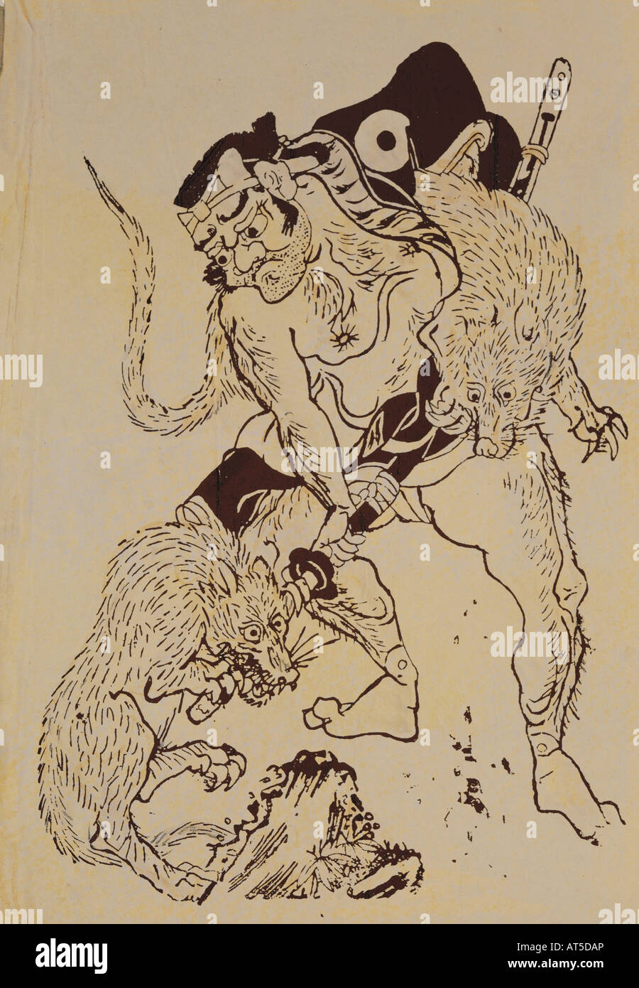 fine arts, Japan, woodcuts, 'Warrior is being attacked by two wolves', brick print, woodcut, 17th century, Artist's Copyright has not to be cleared Stock Photo