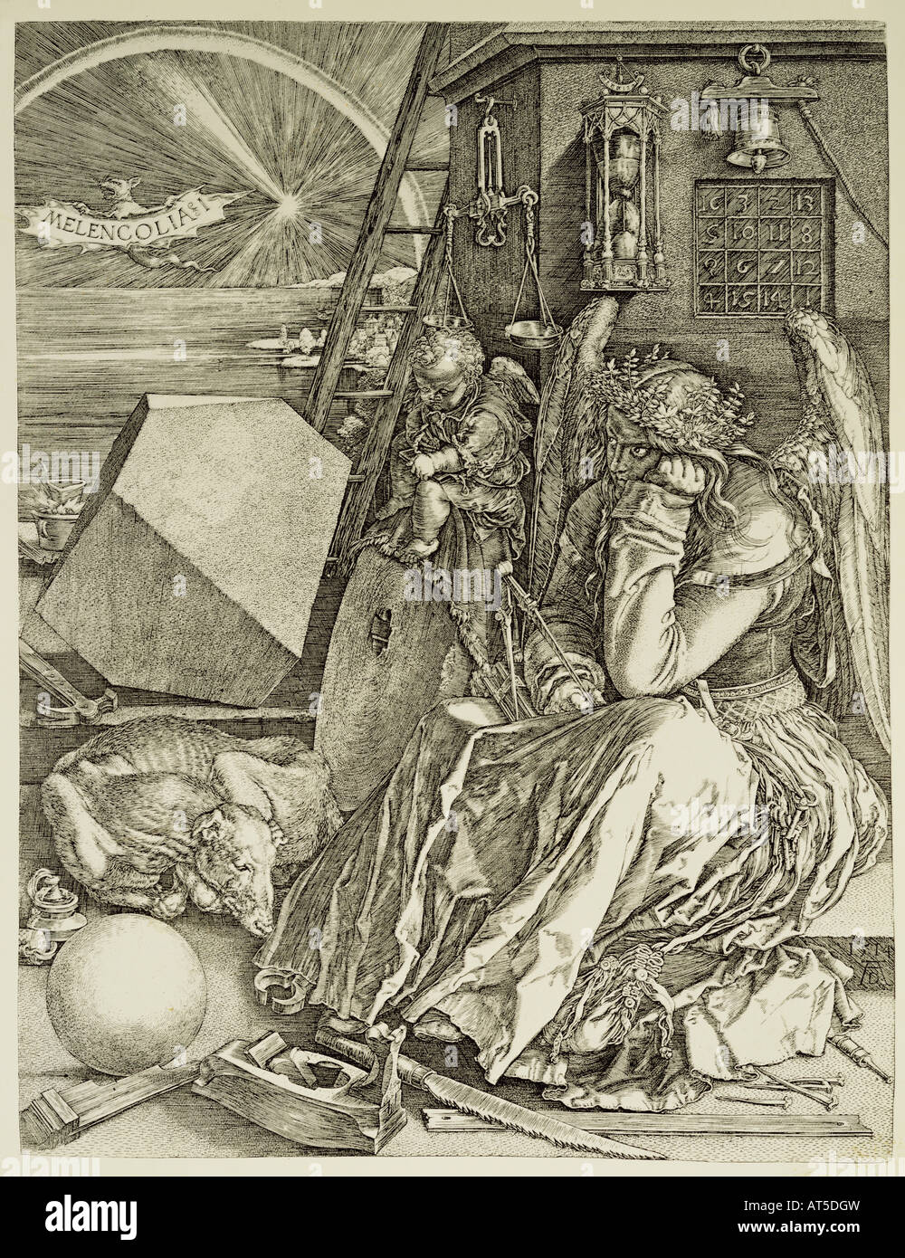fine arts, Durer, Albrecht (1471 - 1528), copper engraving, 'Melencolia' (Melancholy), 1514, 24 cm x 18.6 cm, private collection, Artist's Copyright has not to be cleared Stock Photo