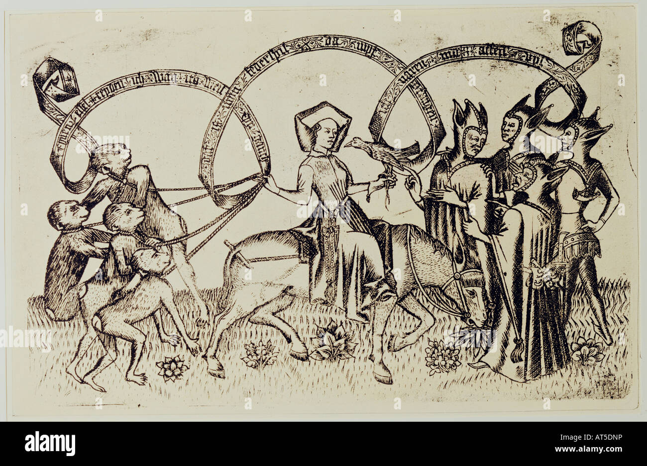 fine arts, Middle Ages, mediaeval, copper engraving, 'The power of women', by the 'Master of women`s power' (active 1440 - 1468), Lower Germany, circa 1460, 13 cm x 20.3 cm, State Graphic Collection, Munich, Artist's Copyright has not to be cleared Stock Photo