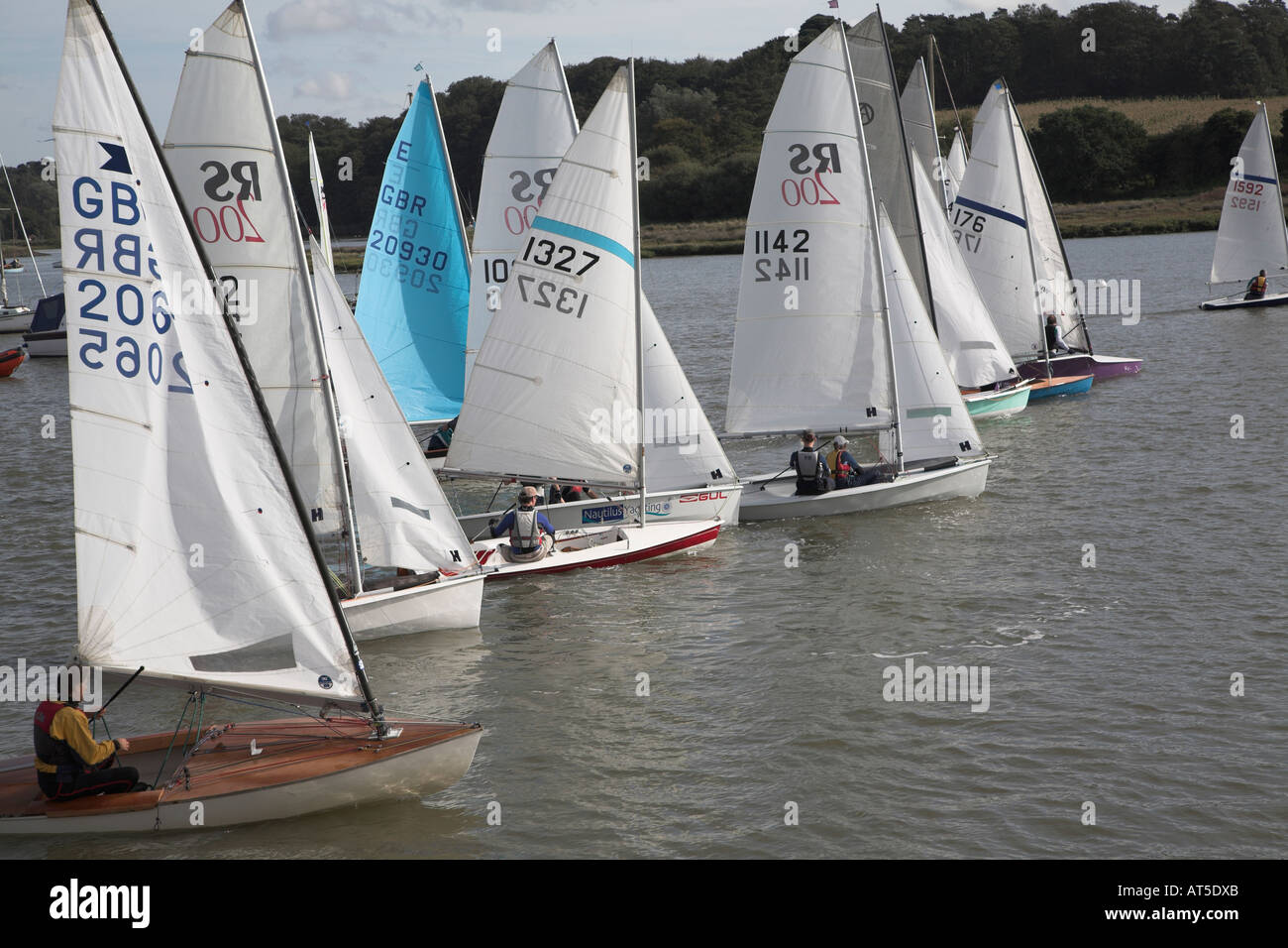 Sailing boats lining up for a race River Deben Woodbridge Suffolk