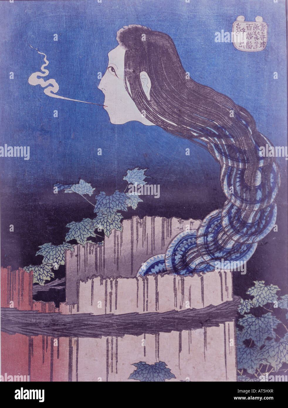 fine arts, Hokusai, Katsushika, (1760 - 1849), 'The Okuki plate ghost', coloured woodcut, Japan, 1825-1830, Artist's Copyright has not to be cleared Stock Photo