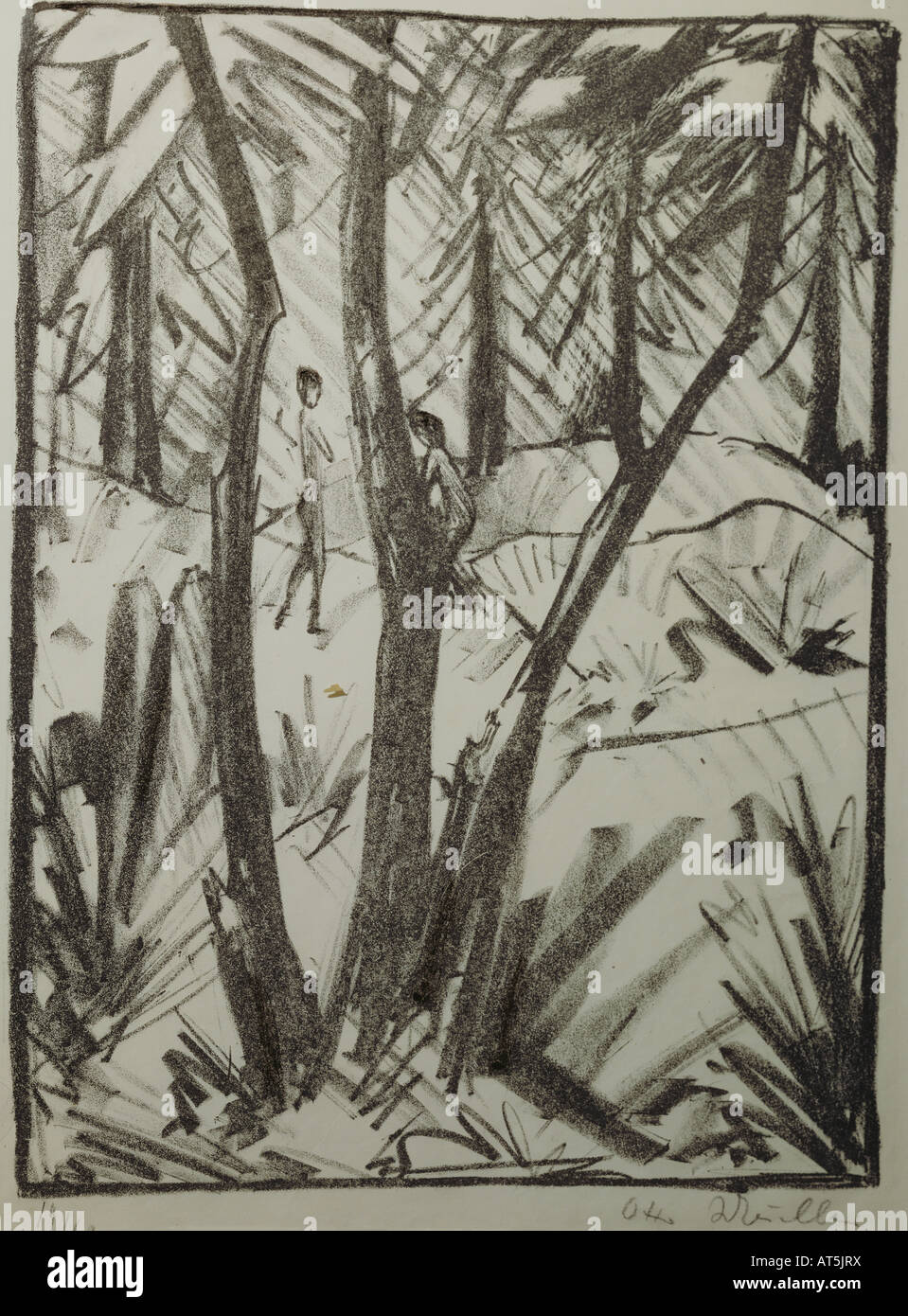 fine arts, Mueller, Otto (1874 -1930), graphic, 'Waldlandschaft mit kleinen Figuren II' (Wood landscape with little figures II), lithograph, 39.8 cm x 29.2 cm, circa 1919, Kunsthalle Kiel, Artist's Copyright has not to be cleared Stock Photo