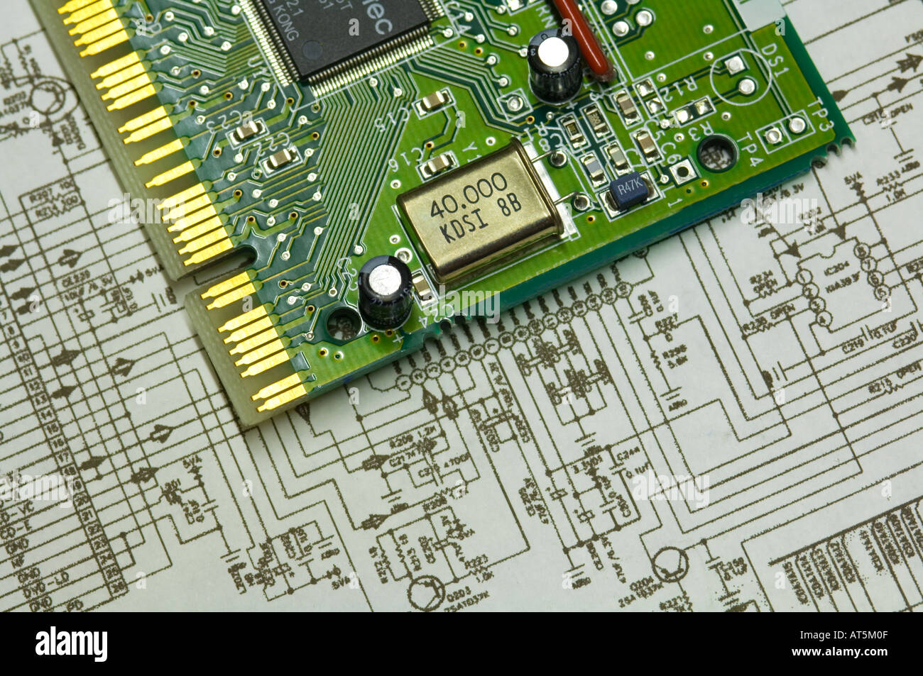 circuit board and schematic drawing of an electronic plan Stock Photo