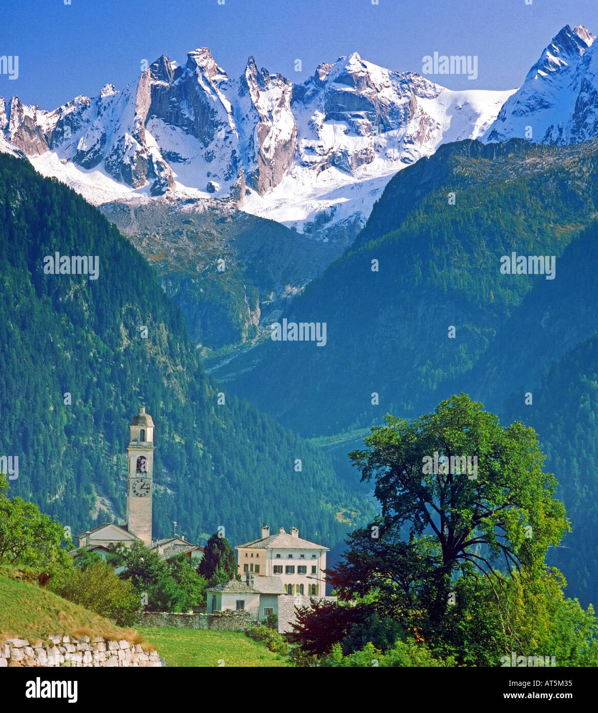 Soglio Switzerland in the Alps showing the Val Bregaglia and the Sciora Alpine group Stock Photo