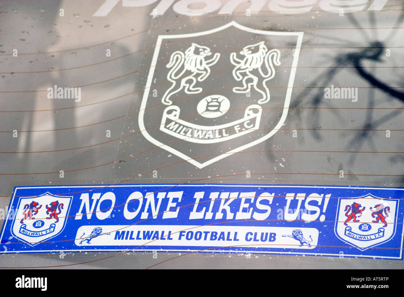 Stickers In The Back Of A Millwall Football Fan's Car Stock Photo