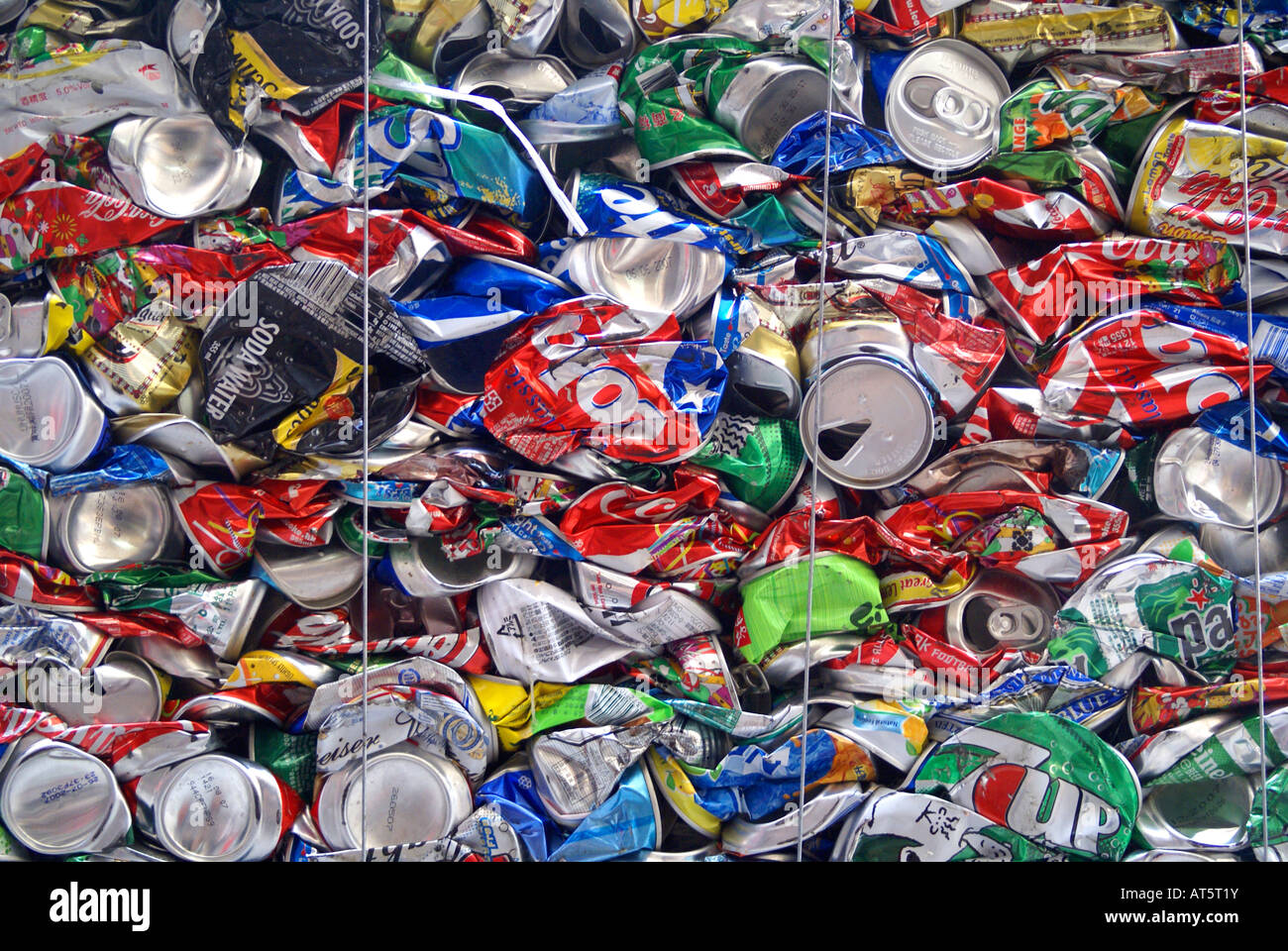 Crushed aluminum cans ready for recycling, Hong Kong, China Stock Photo