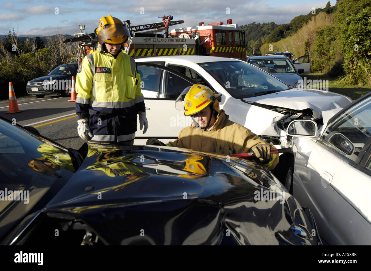 Rescue crew at the scene of a car accident, Wellington, New Zealand