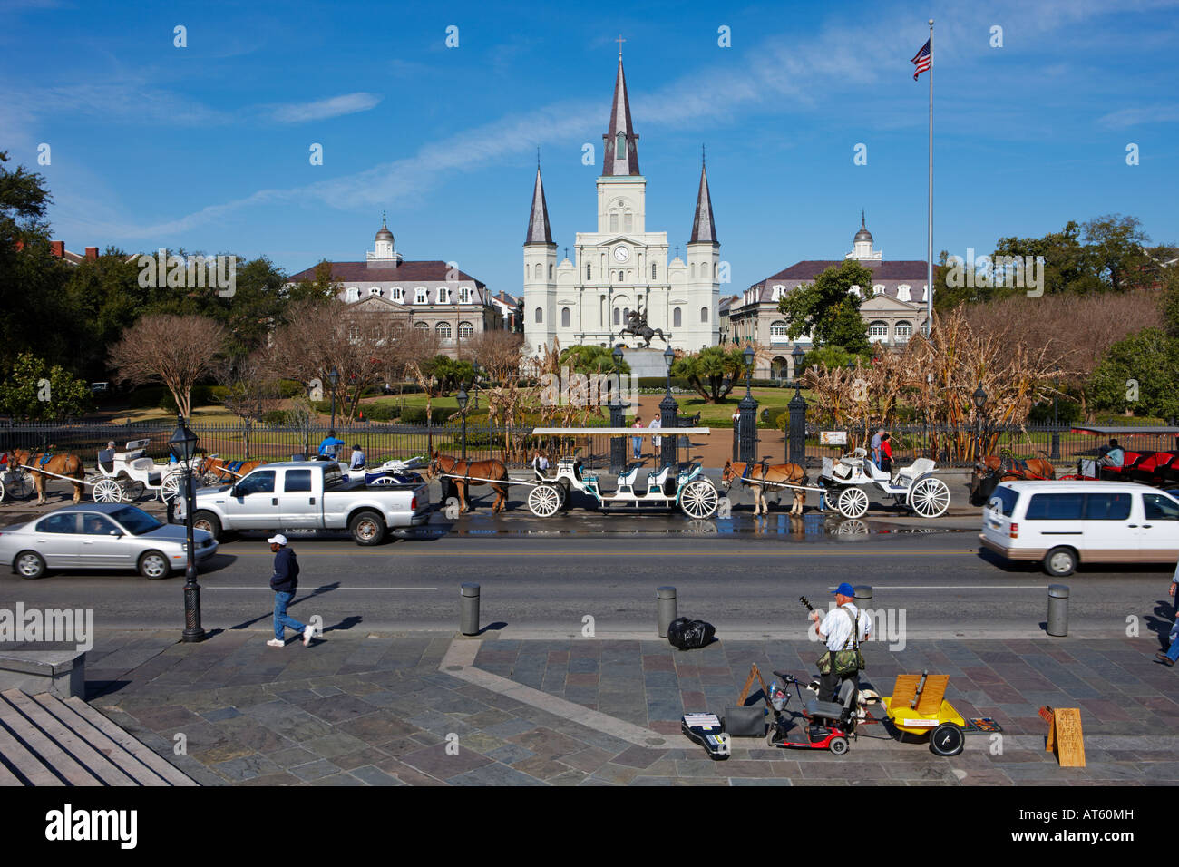Decatur Street with St. Louis Cathedral in the background. New Orleans, Louisiana, USA. Stock Photo