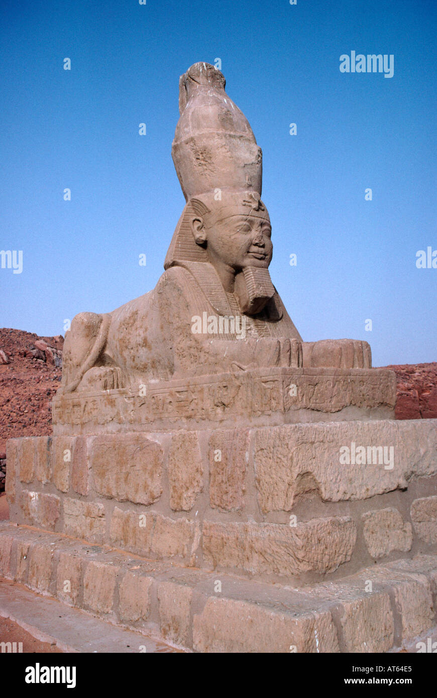 A sphinx. Wadi al-Sebua, New Sebua, Upper Egypt, Egypt. A sphinx at Wadi al-Sebua in Egypt. Upper Egypt / Nubia, Egypt. A sphinx at Wadi al-Sebua in Egypt. Stock Photo