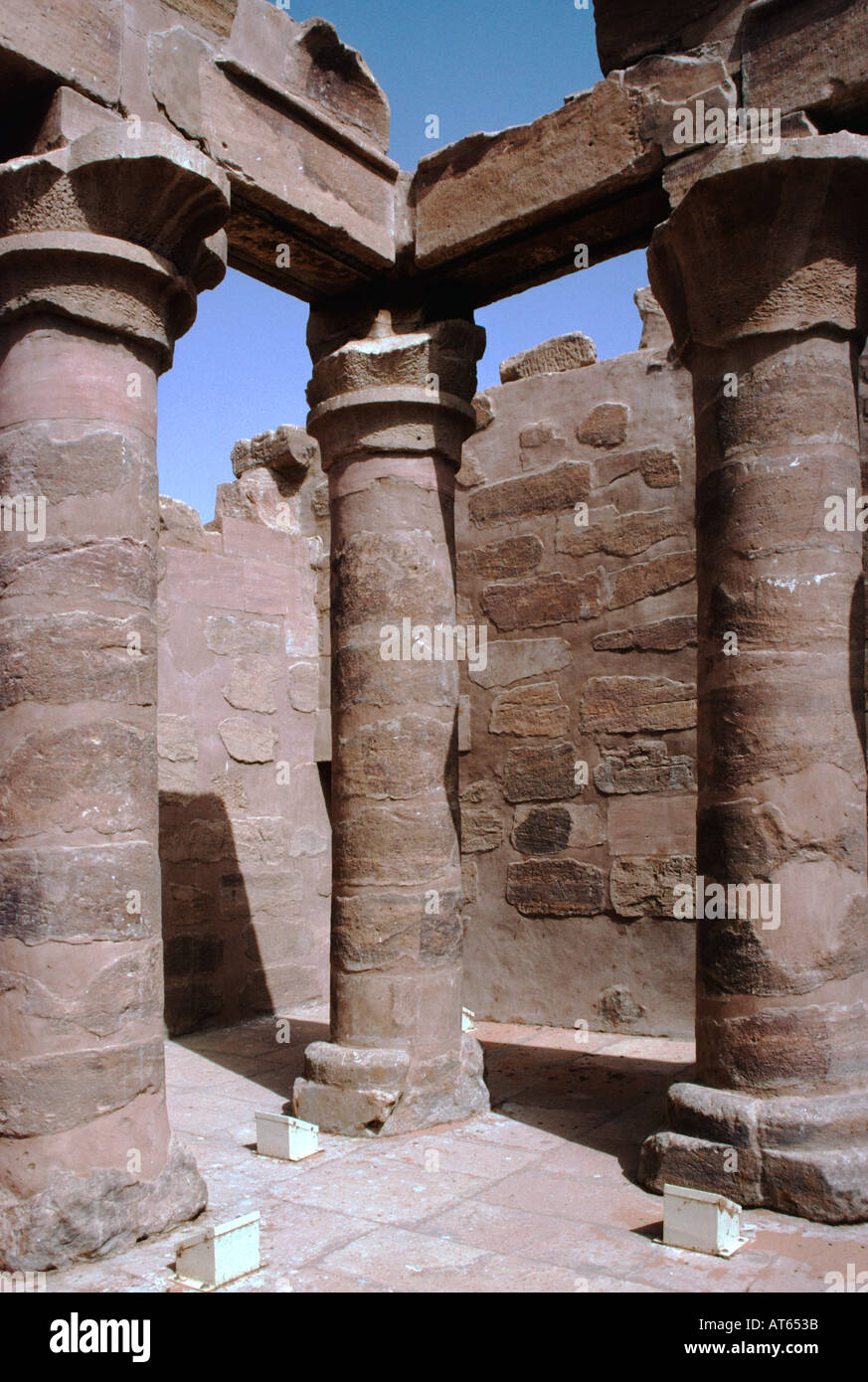 Columns in the courtyard. Maharraq Temple, New Sebua, Upper Egypt, Egypt. The temple was built by Augustus during the Ptolemaic period. Stock Photo