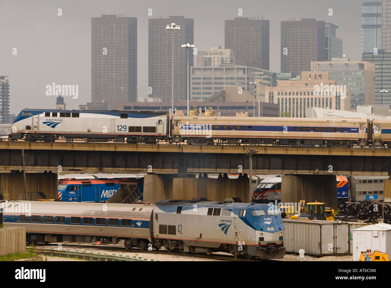 Two Amtrak trains meet in downtown Chicago Stock Photo Alamy