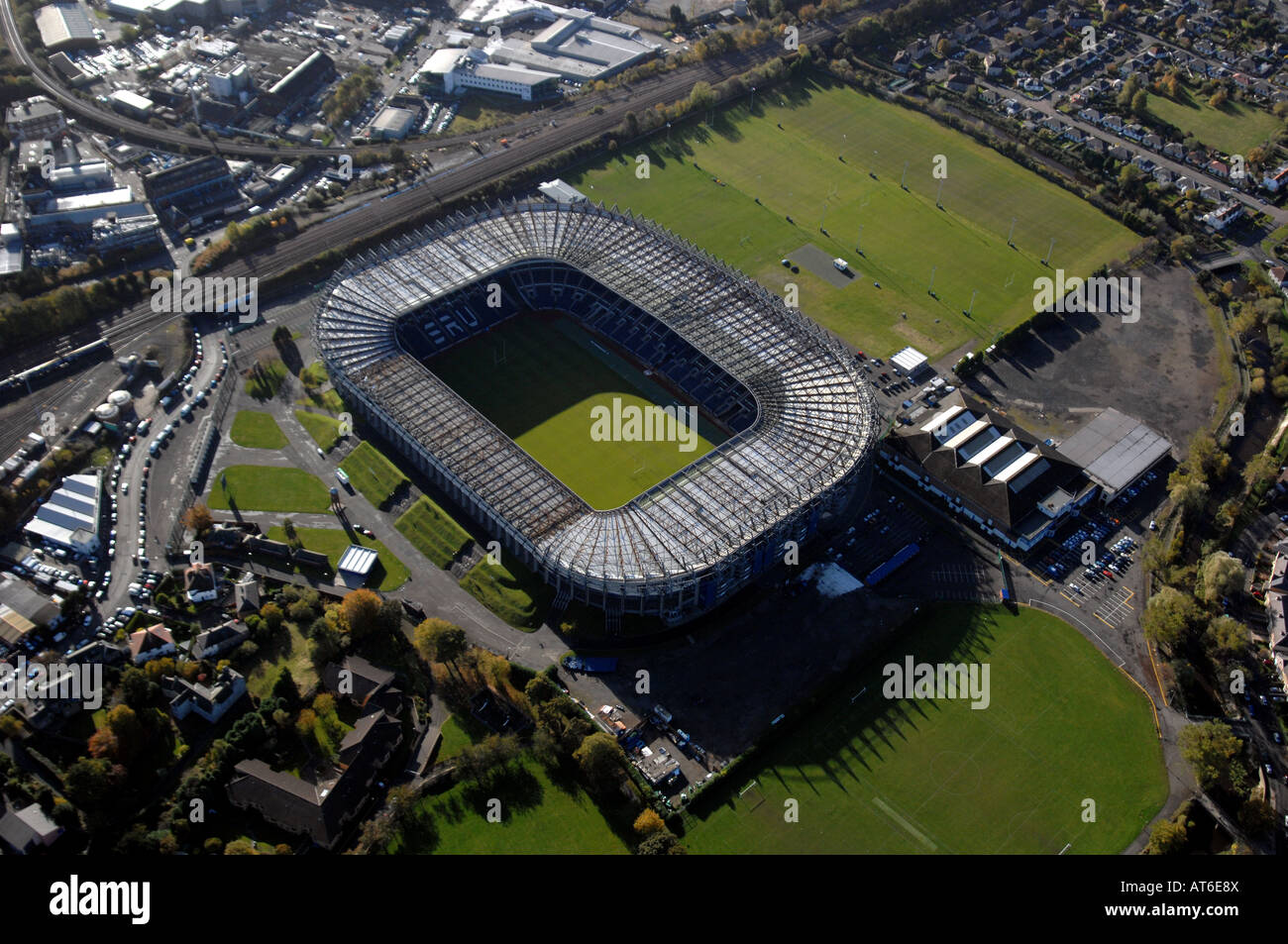 AERIAL SHOT OF MURRAYFIELD RUGBY STADIUM EDINBURGH Stock Photo