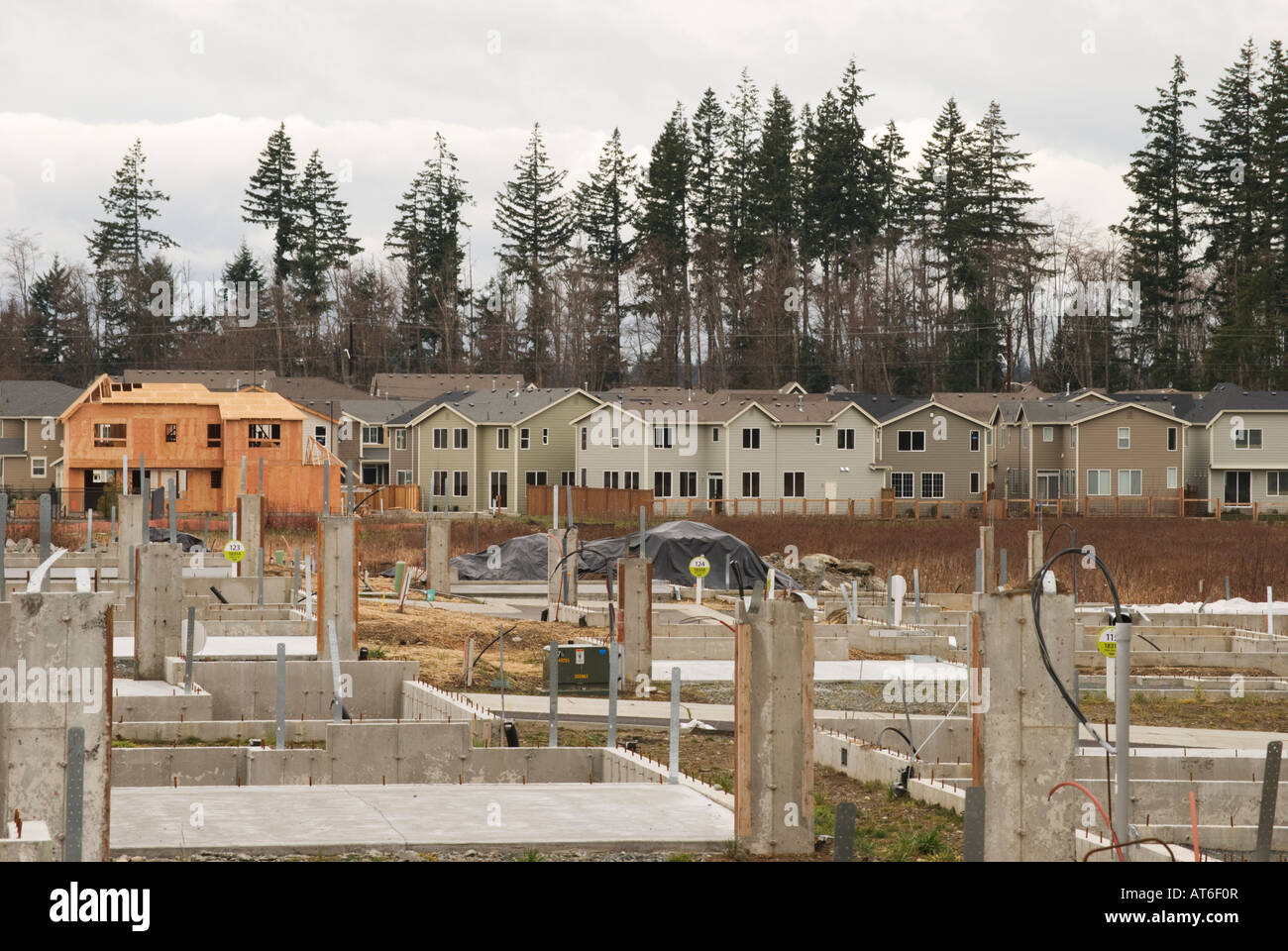 Suburban sprawl takes over a former open field in a Seattle suburb. Stock Photo